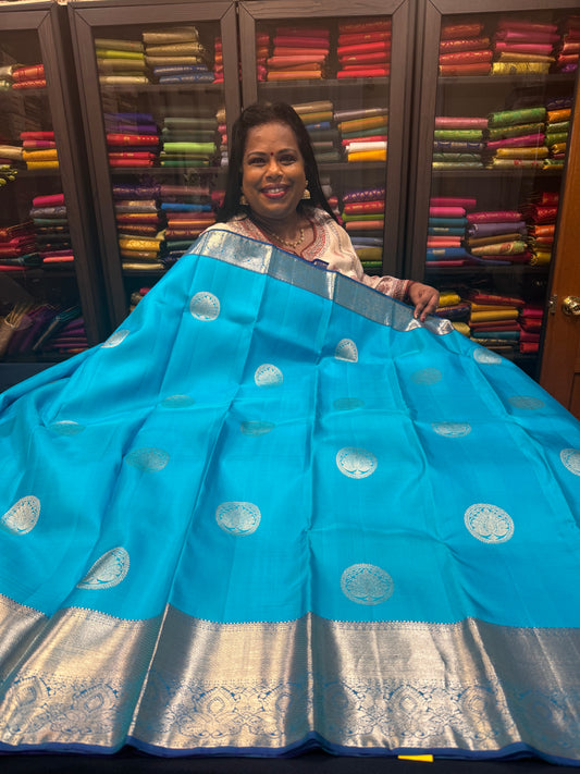 Kanchipuram Pure Silk handloom Saree Indian Kanjivaram Blue Sari SPK359