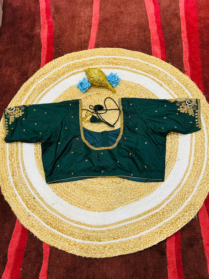 46” Size 16 Aari Worked Sari Blouse Indian Saree Top Silk Bottle Green B191