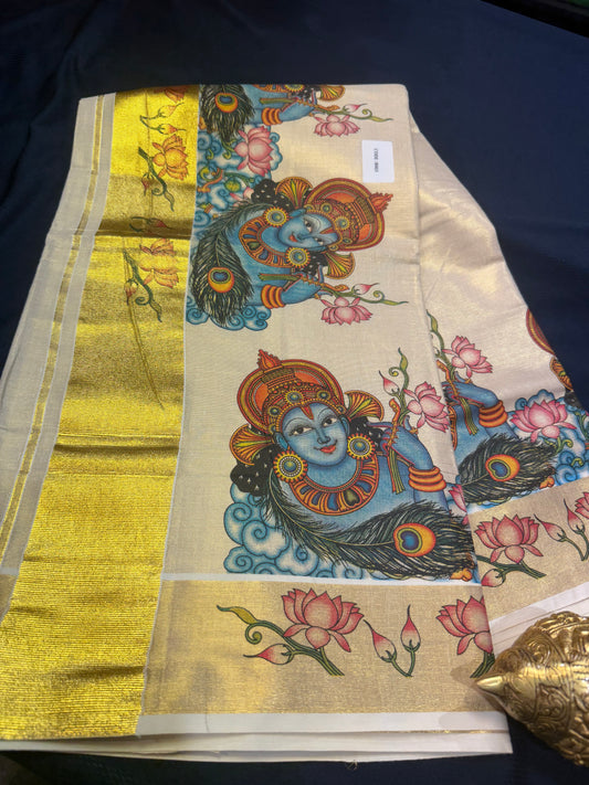 Kerala Vishu Sari Indian Cream Tissue hand Printed Saree C7 - 1