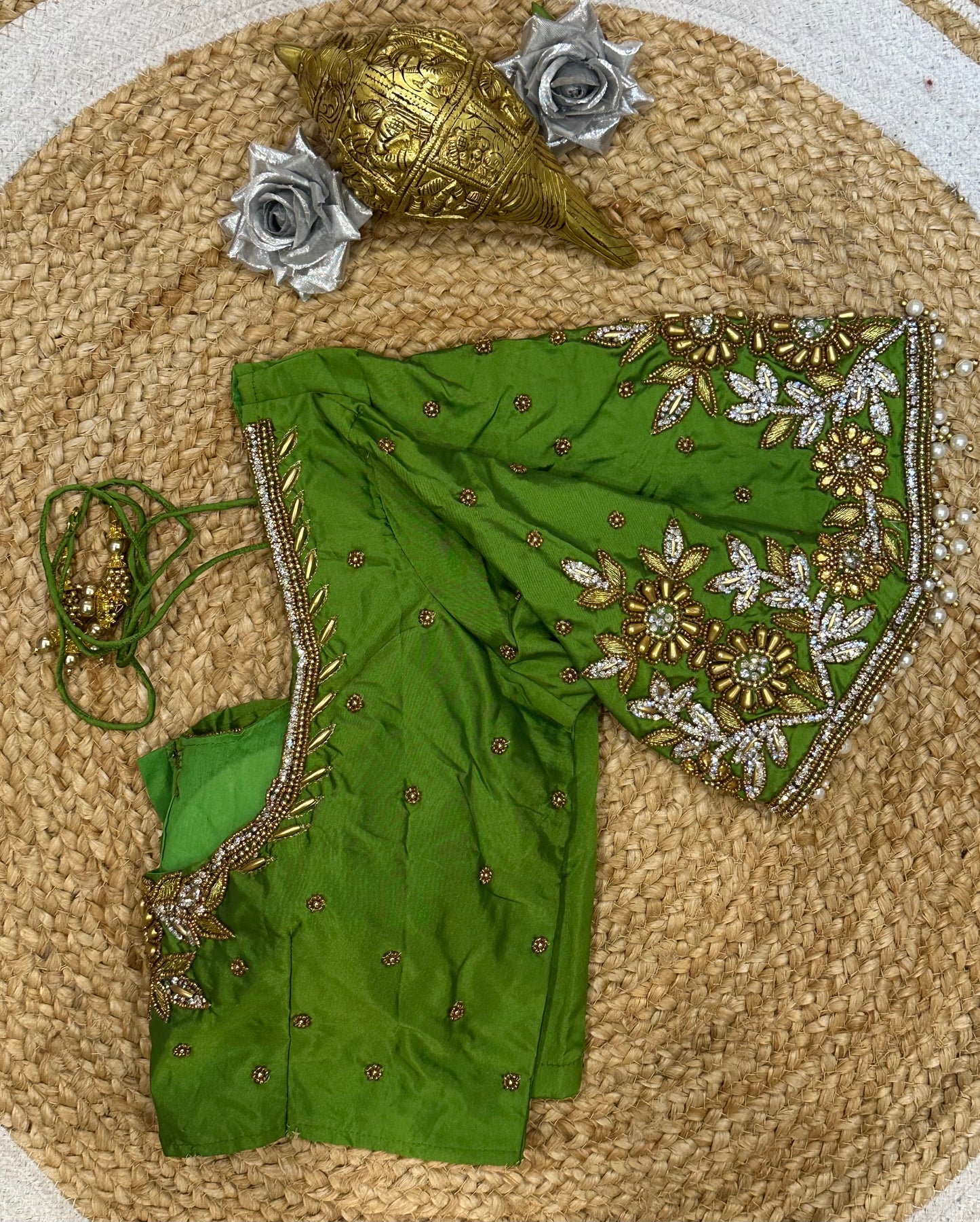 34” XSmall Aari Worked Sari Blouse Indian Saree Top Silk Apple Green B124
