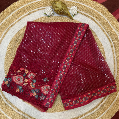 Sequins Net Sari Indian Fancy Saree Pink V1