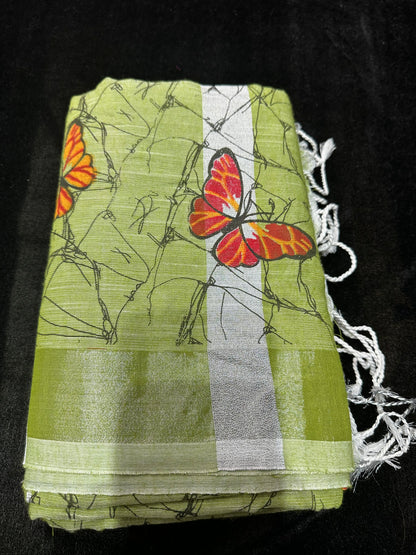 Khadi Soft Cotton Linen Sari Indian Saree Mint Green Butterfly S78