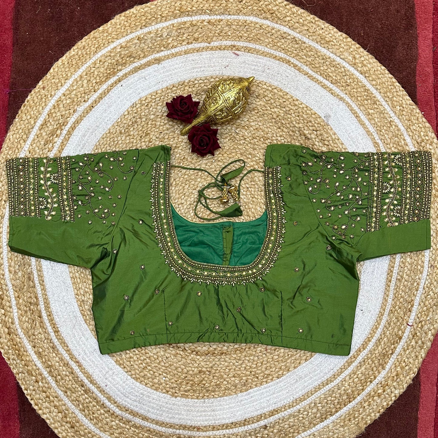 44” Size 14 Aari Worked Sari Blouse Indian Saree Top Silk Green B248