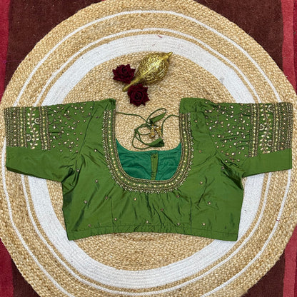 44” Size 14 Aari Worked Sari Blouse Indian Saree Top Silk Green B248