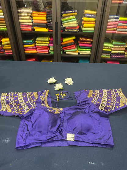 40” Aari hand Worked Sari Blouse Indian Top Choli Silk Purple B20