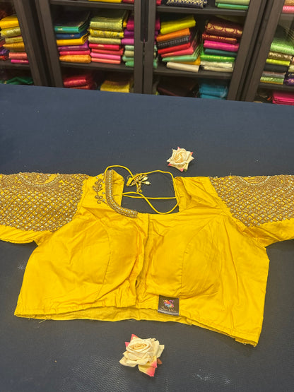 40” Aari hand Worked Sari Blouse Indian Top Choli Silk Yellow B21