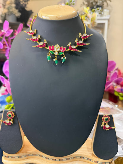 Indian Brass Necklace & Earrings Jewellery Set Lotus and Birds N61