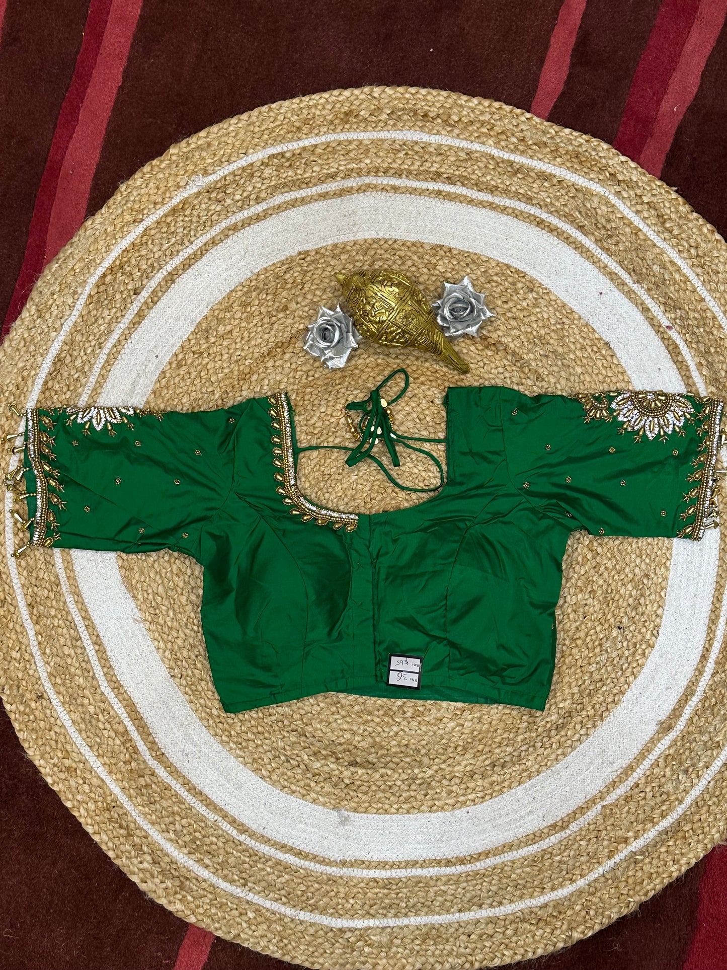 34” XS Aari Worked Sari Blouse Indian Saree Top Silk Green B120