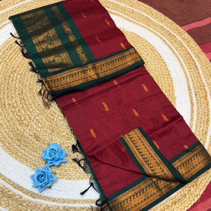 Maroon & Green Copper Kalyani Silk Cotton Sari South Indian Saree S140