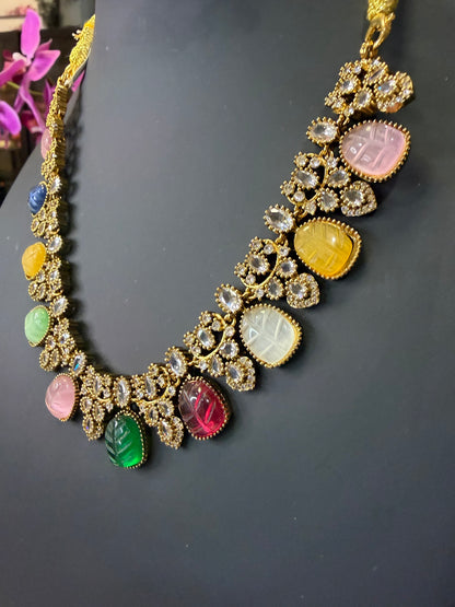 Indian Brass Necklace & Earrings Jewellery Set Multi N62