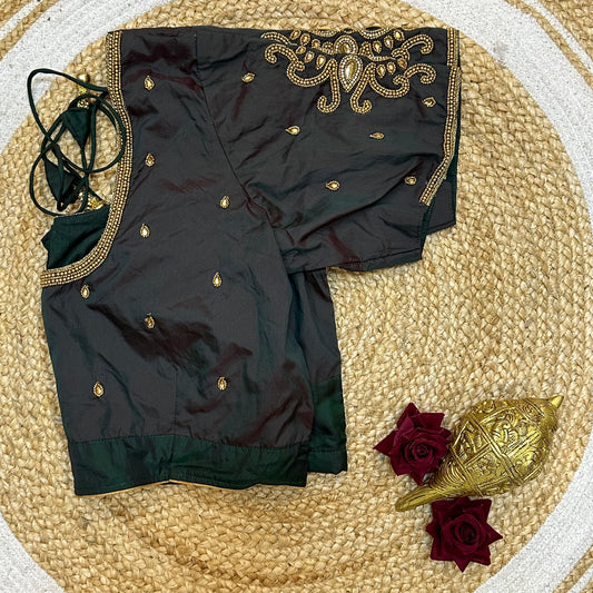 44” Size 14 Aari Sari Blouse Indian Saree Top Silk Deep Green B251