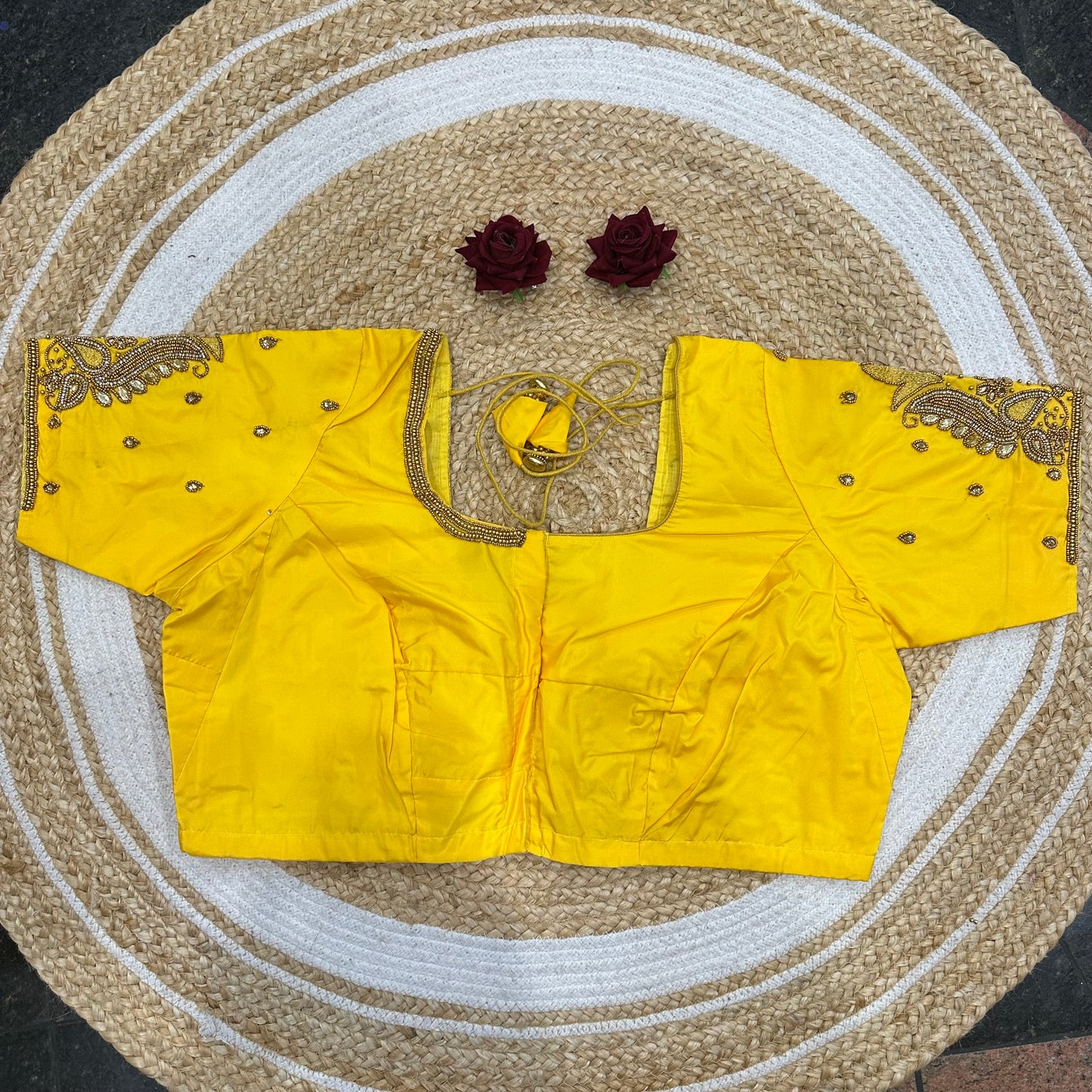 46” Size 16 Aari Worked Sari Blouse Indian Saree Top Silk Yellow B412