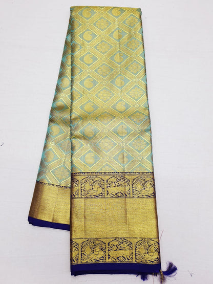 Bridal Tissue Kanchipuram Pure Silk Saree Blue Kanjivaram Sari| SPK172