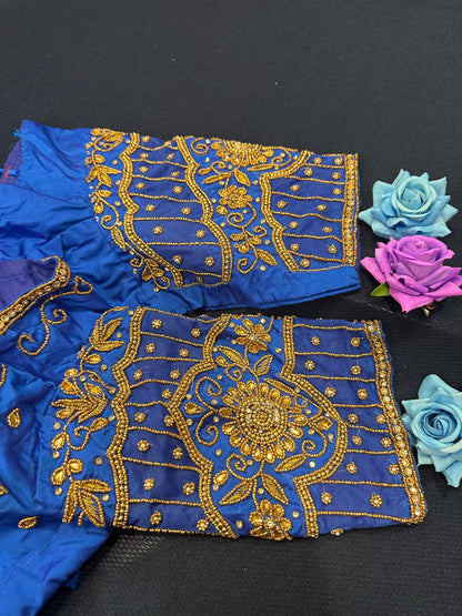 40” Aari hand Worked Sari Blouse Indian Top Choli Silk Blue B4