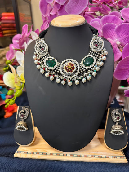 Handmade Brass Necklace with Silver polish Indian Tribal Green Jewellery N92
