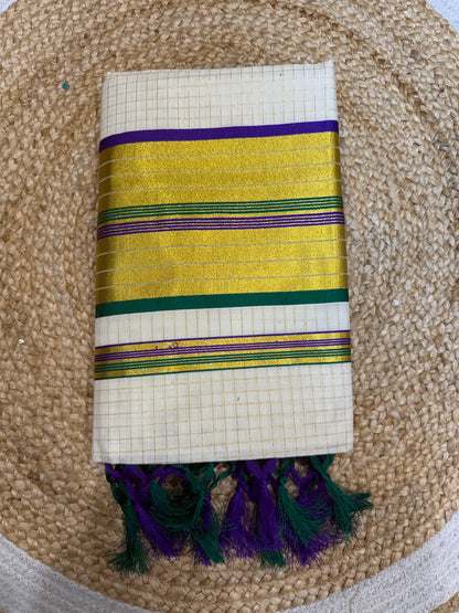 Kerala Vishu Sari Indian hand Printed Kasavu Onam Saree C36 Col 6