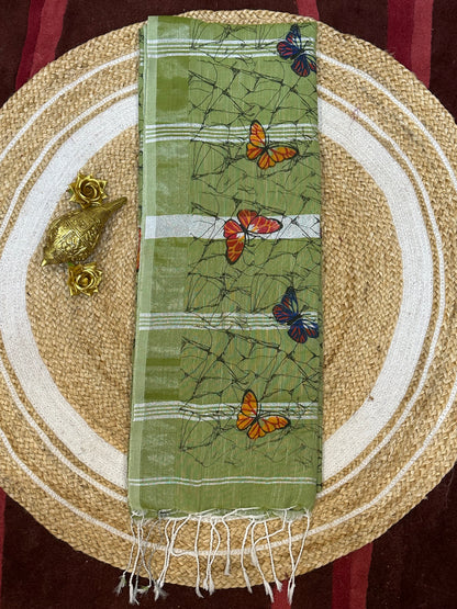 Khadi Soft Cotton Linen Sari Indian Saree Mint Green Butterfly S78