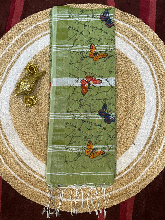 Khadi Soft Cotton Linen Sari Indian Saree Mint Green Butterfly S78