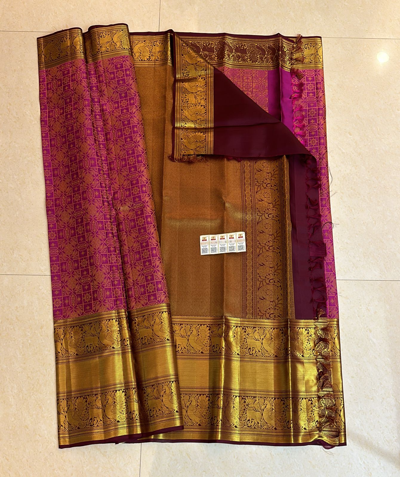 1g Gold Kanchipuram Pure Silk Saree Pink Maroon Kanjivaram Sari| SPK