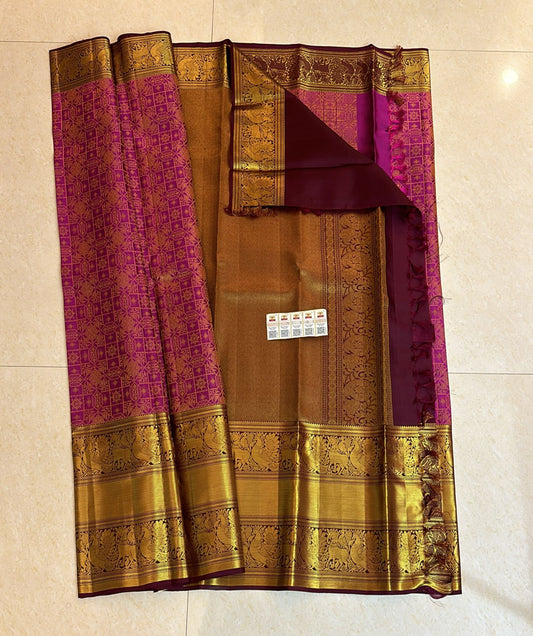 1g Gold Kanchipuram Pure Silk Saree Pink Maroon Kanjivaram Sari| SPK