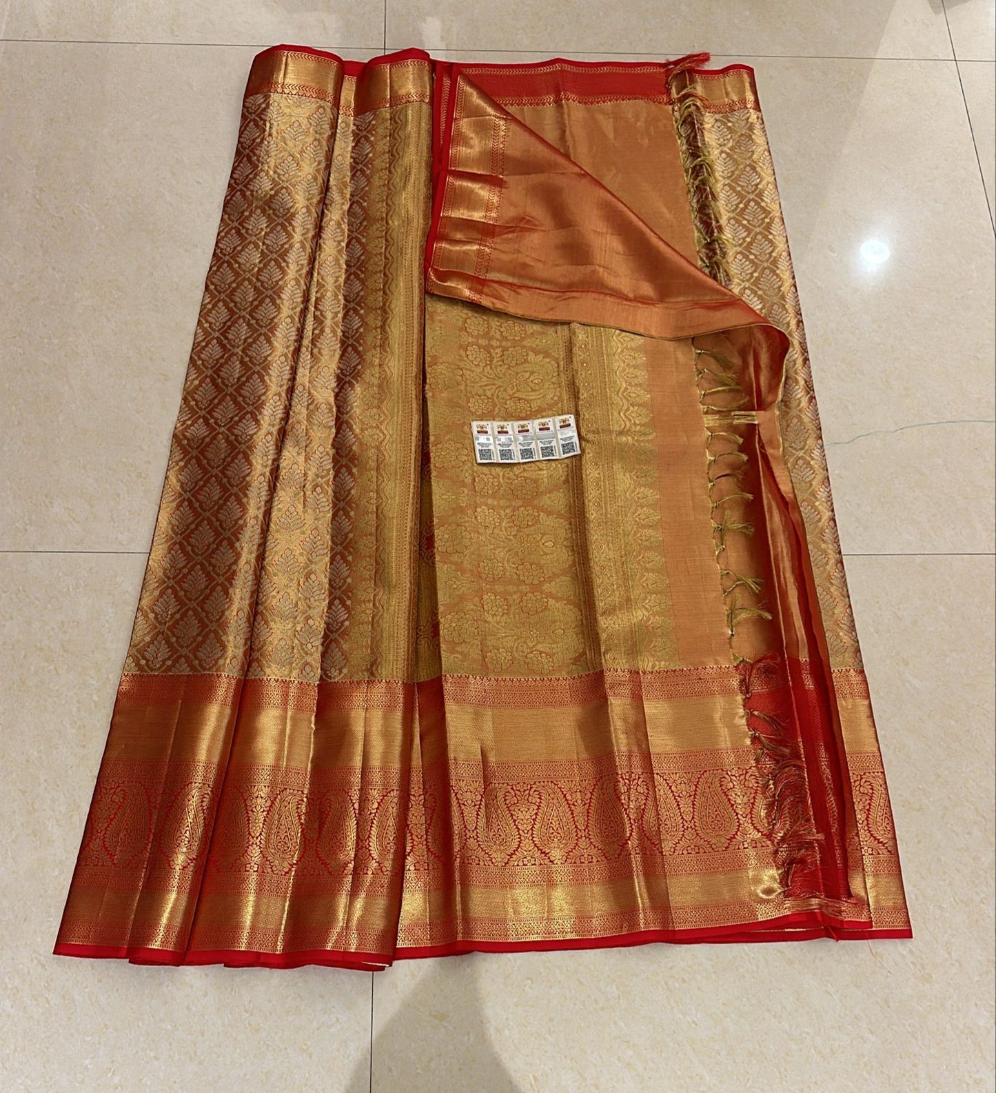 Bridal Tissue Kanchipuram Pure Silk Saree Gold & Red Kanjivaram Sari| SPK153