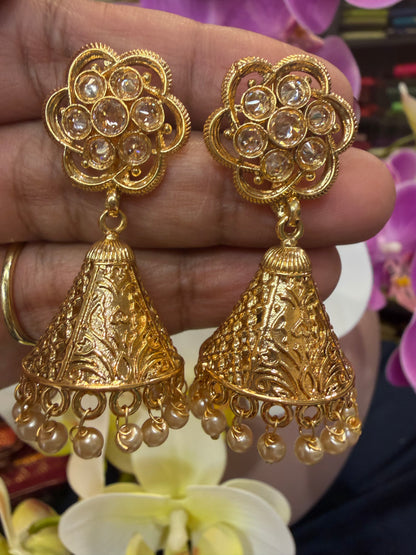 Golden Jumka Jhumka Indian Brass Earrings Jimikki Kammal Indian Jewellery E31