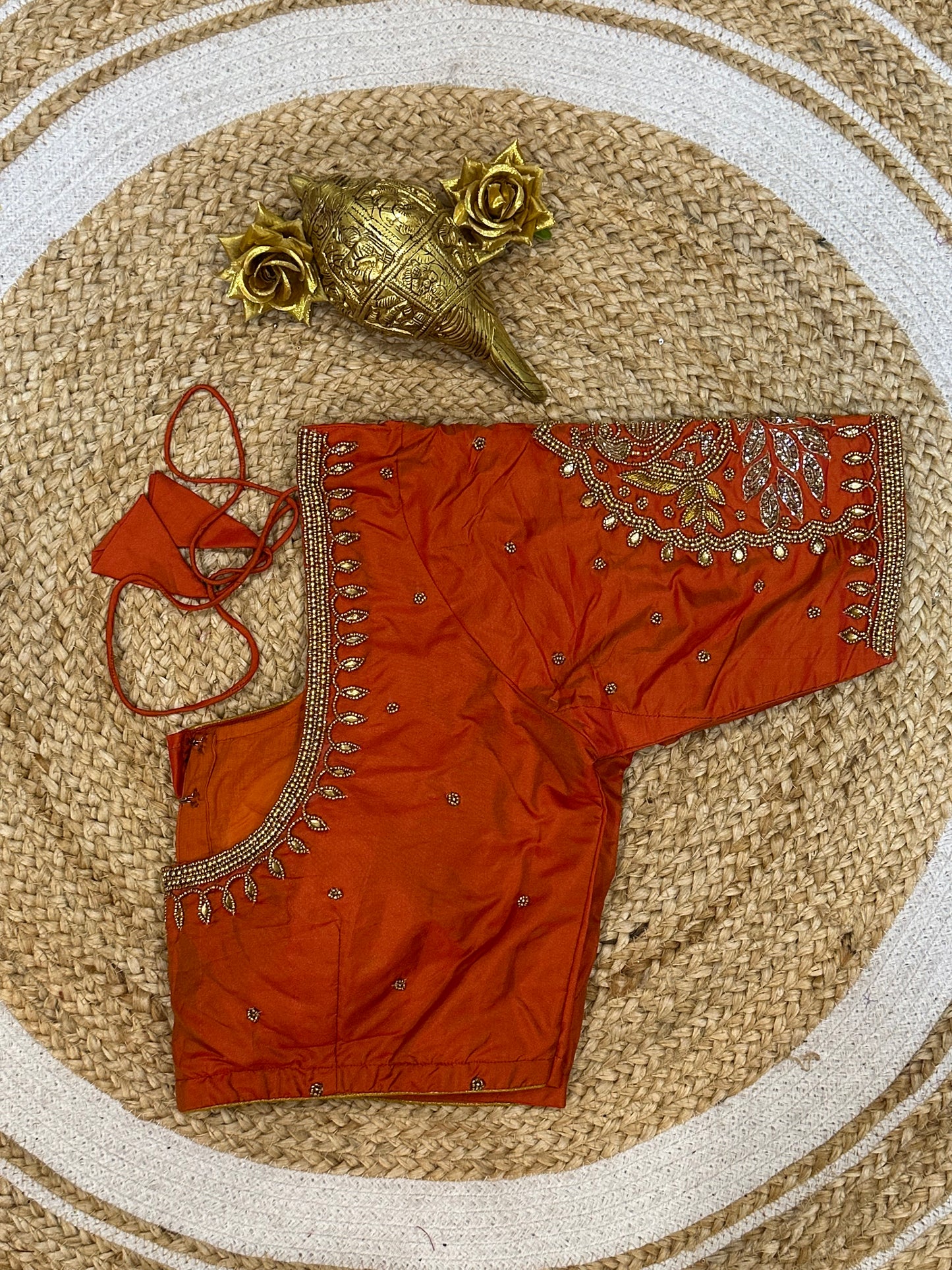 40” Size 10 Aari Worked Sari Blouse Indian Saree Top Silk Orange B74