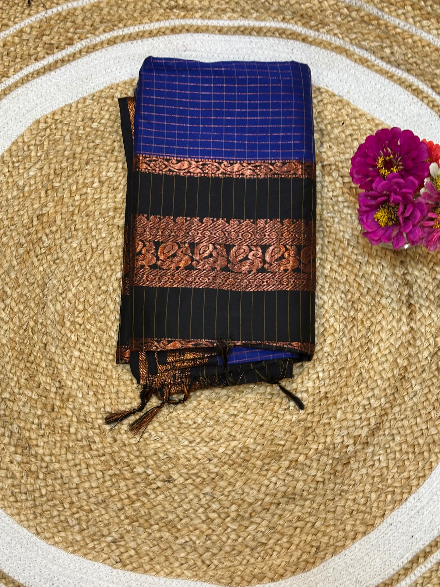 Kalyani checkered Silk Cotton Sari Indian Saree Blue & Black S6