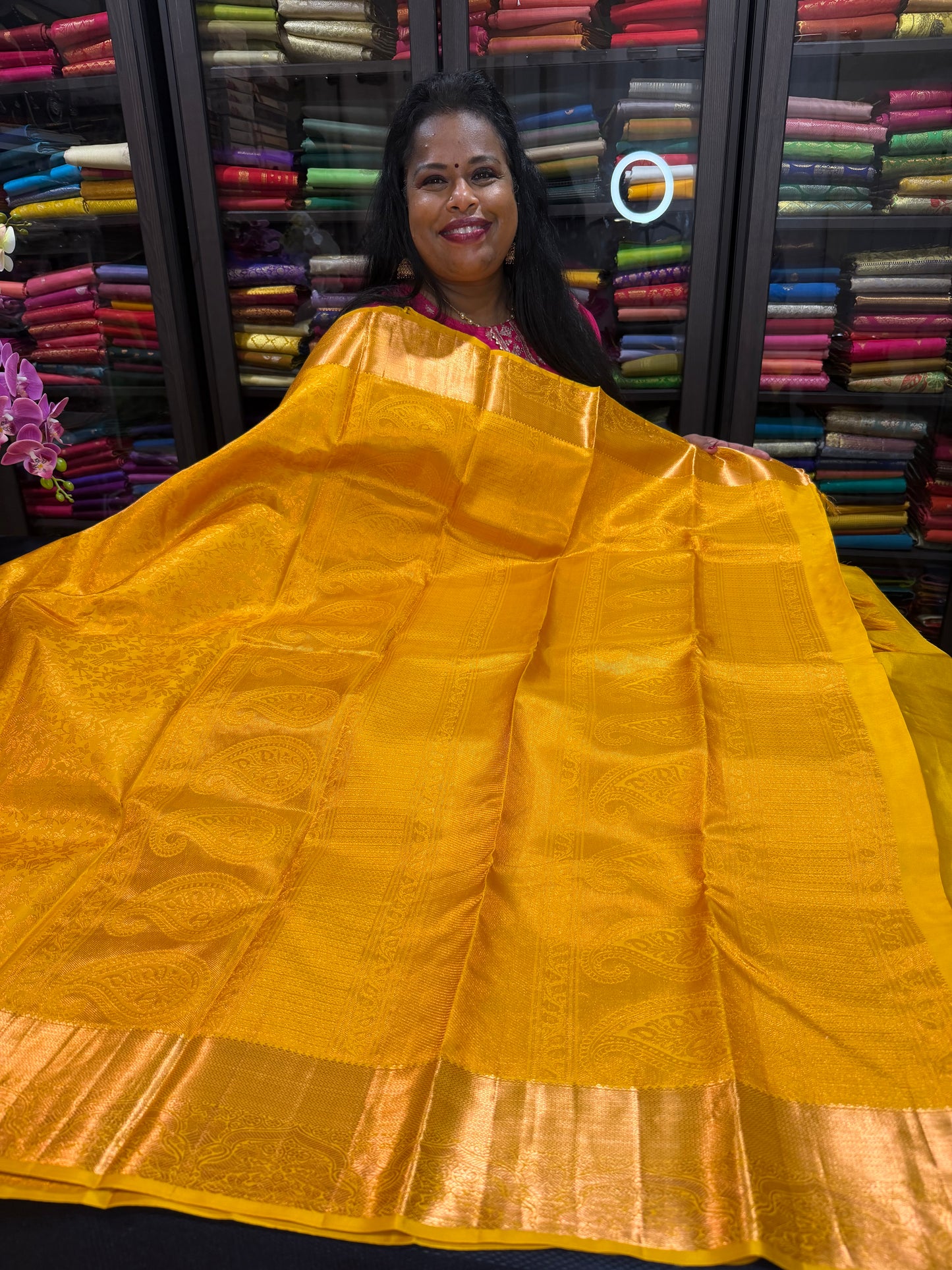 Kanchipuram Pure Silk handloom Bridal Saree Indian Kanjivaram Yellow Sari SPK367