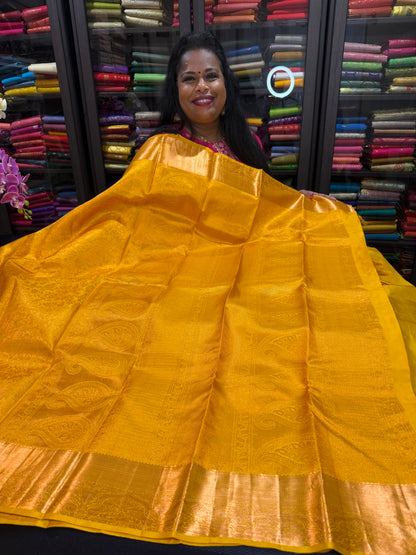 Kanchipuram Pure Silk handloom Bridal Saree Indian Kanjivaram Yellow Sari SPK367