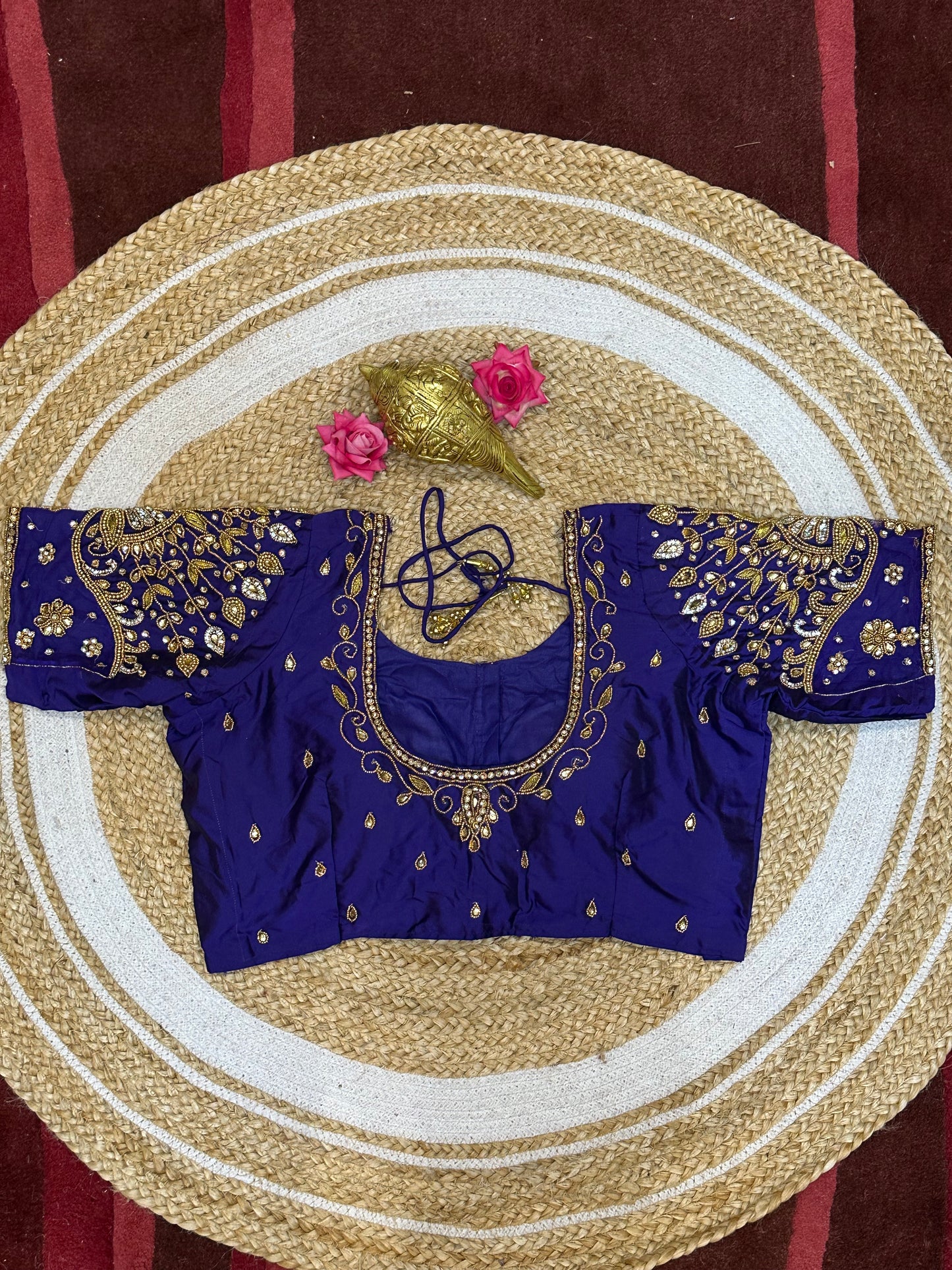 40” Size 10 Aari Worked Sari Blouse Indian Saree Top Silk Blue B96