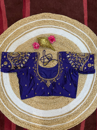 40” Size 10 Aari Worked Sari Blouse Indian Saree Top Silk Blue B96