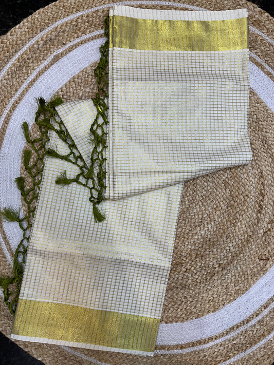 Mehendi Green Kerala Vishu Sari Indian hand Printed Kasavu Onam Saree C22 Col 4