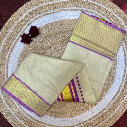 Red Kerala Vishu Sari Indian Cream Tissue Saree C35 - Col 7