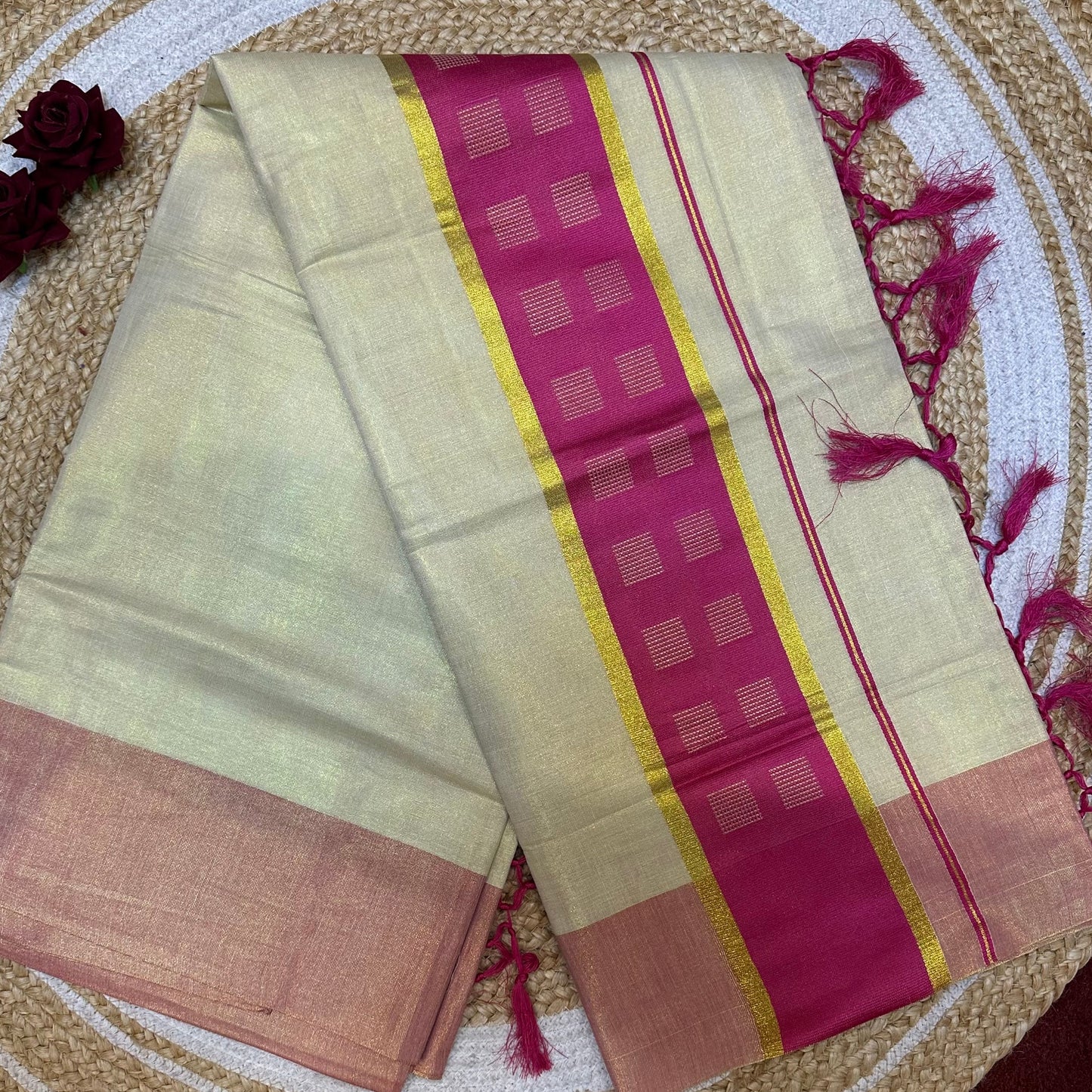 Brown Kerala Vishu Sari Indian Cream Tissue Saree C34