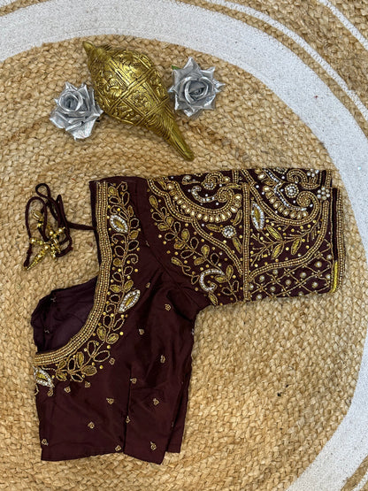 34” XS Aari Worked Sari Blouse Indian Saree Top Silk Burgundy B111