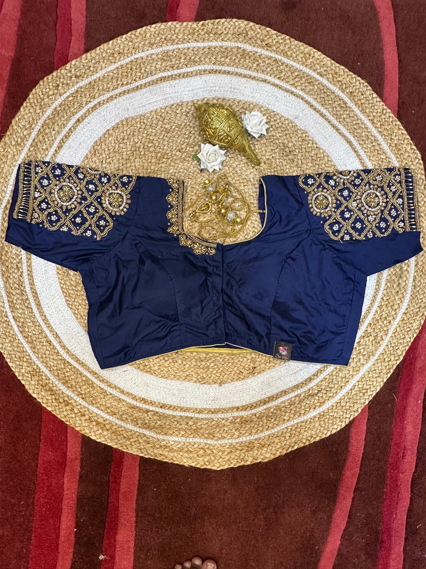 50” Size 20 Aari Worked Sari Blouse Indian Saree Top Silk Blue B62