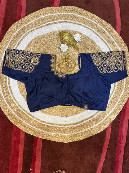 50” Size 20 Aari Worked Sari Blouse Indian Saree Top Silk Blue B62