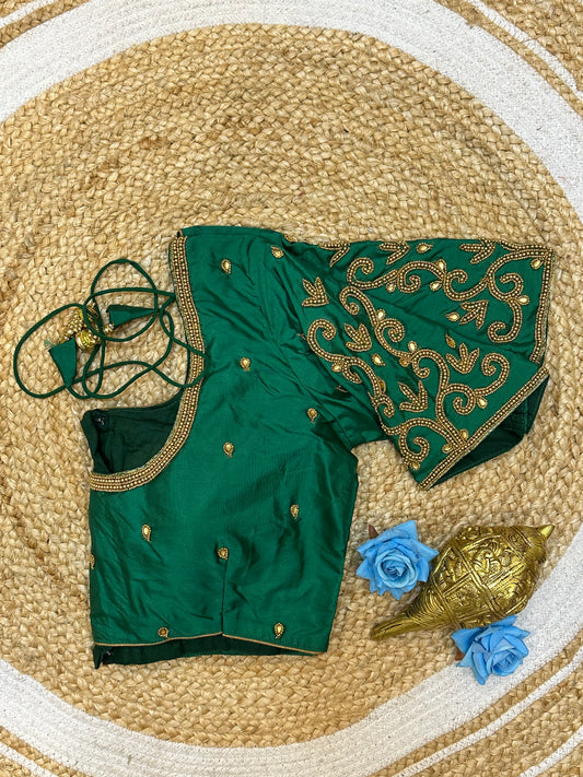 40” Size 10 Aari Worked Sari Blouse Indian Saree Top Silk Green B184