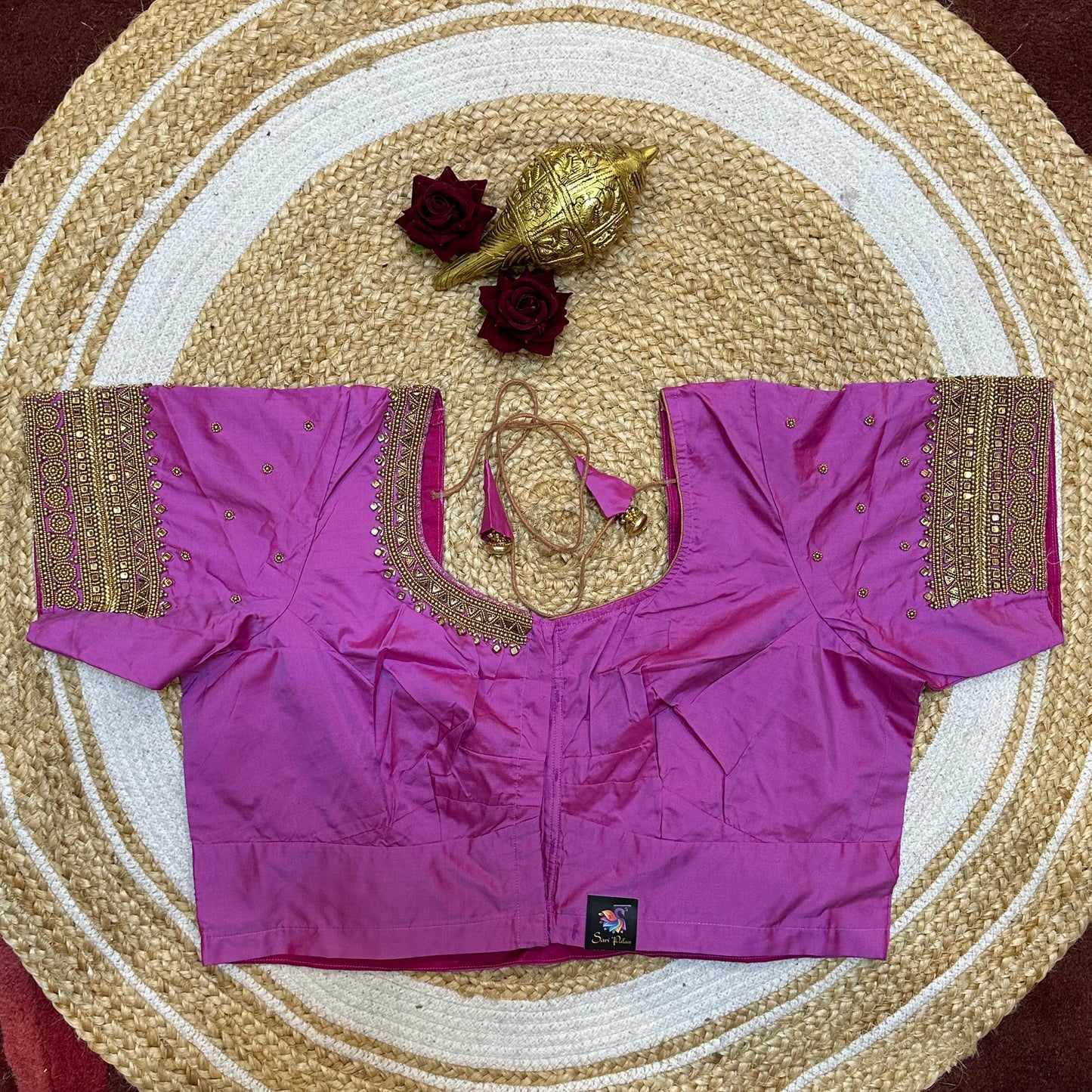 44” Size 14 Aari Worked Sari Blouse Indian Saree Top Silk Pink B256