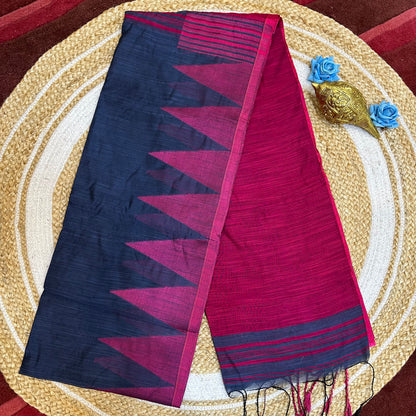 Red & Green Soft Cotton Linen Sari Indian Saree with temple border C1