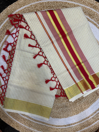 Red Kerala Vishu Sari Indian hand Printed Kasavu Onam Saree C22 Col 2