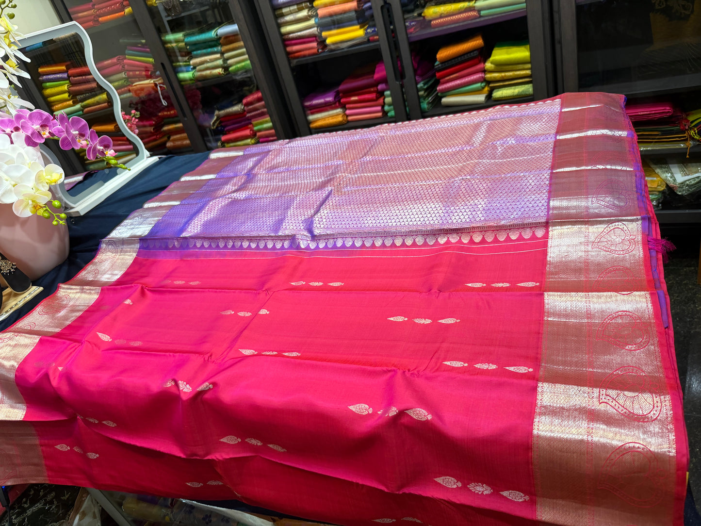Kanchipuram Pure Silk Saree with Gold Zari Pink & Purple Sari| SPK079