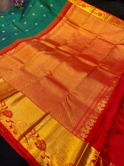 Kanchipuram Pure Silk handloom Saree Indian Kanjivaram Green Red Sari SPK429