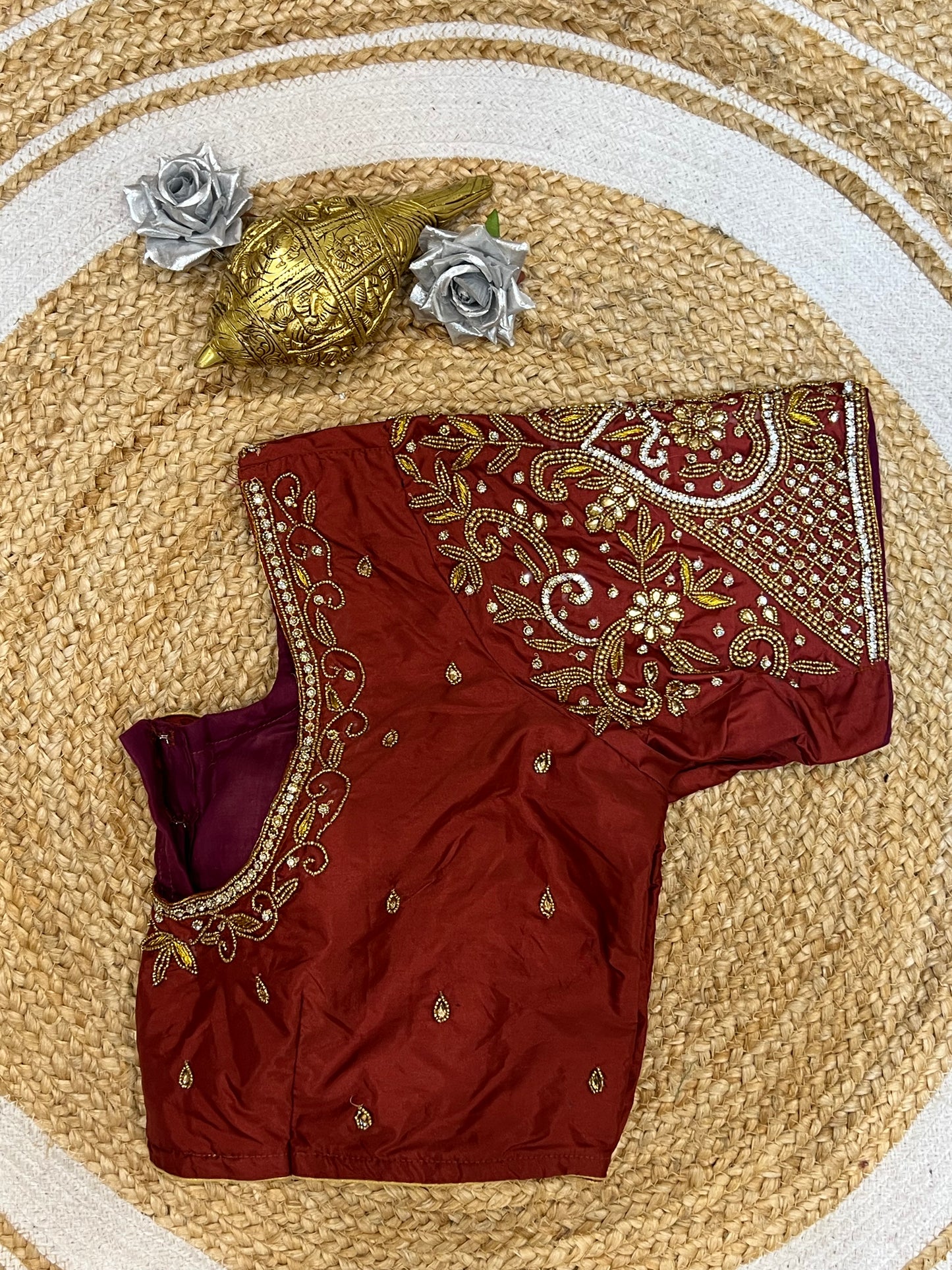 48” Size 18 Aari Worked Sari Blouse Indian Saree Top Silk Maroon B128