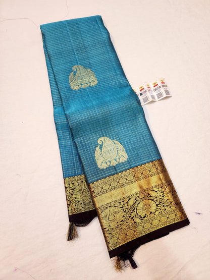 Kanchipuram Pure Silk Saree Bridal Blue Checkered Kanjivaram Sari SPK256