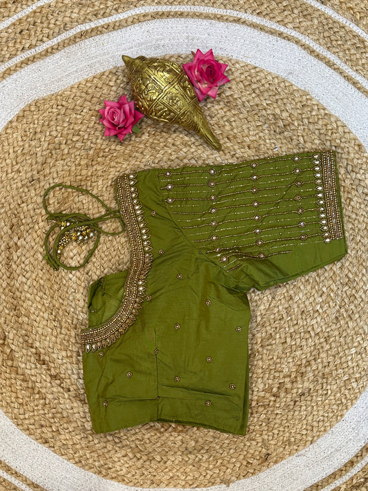 40” Size 10 Aari Worked Sari Blouse Indian Saree Top Silk Green B101