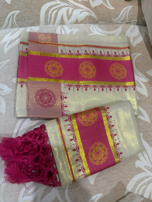 Kerala Pink Set Mundu Vishu Sari Indian hand Printed Kasavu Onam Saree C51