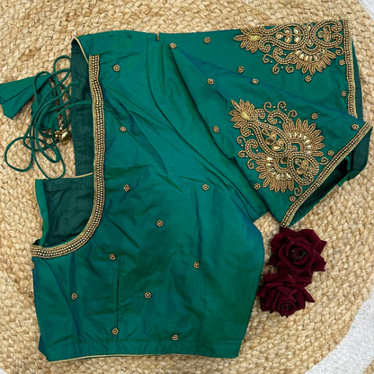 46” Size 16 Aari Worked Sari Blouse Indian Saree Top Silk Turquoise B418