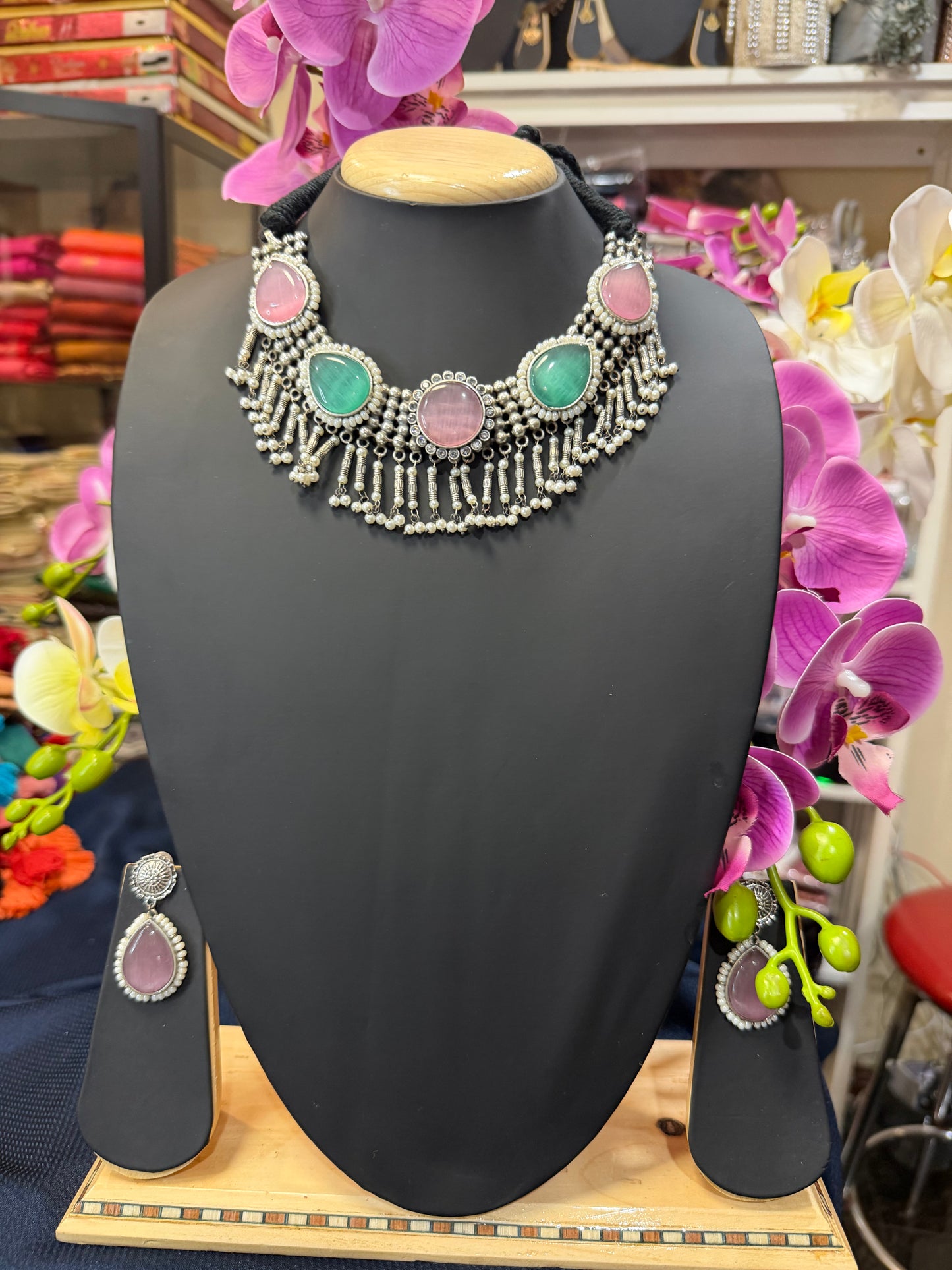 Handmade Brass Necklace with Silver polish Indian Tribal Pink Green Jewellery N98